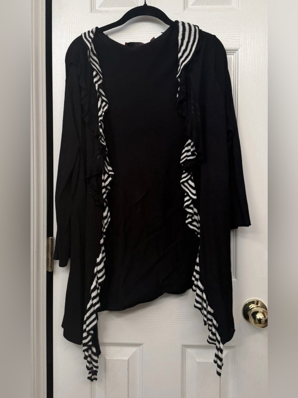 Red Brand Black Sweater with White Zigzag Trim